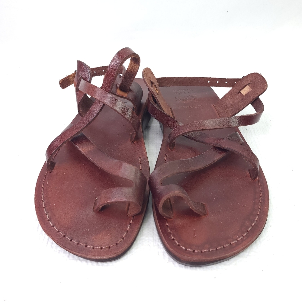 Camel Brown Leather Gladiator Sandals Strappy Buckle Flats Shoes Size 41 US 9.5